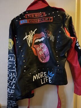 Studded Graphic Leather Jacket with Red Accents